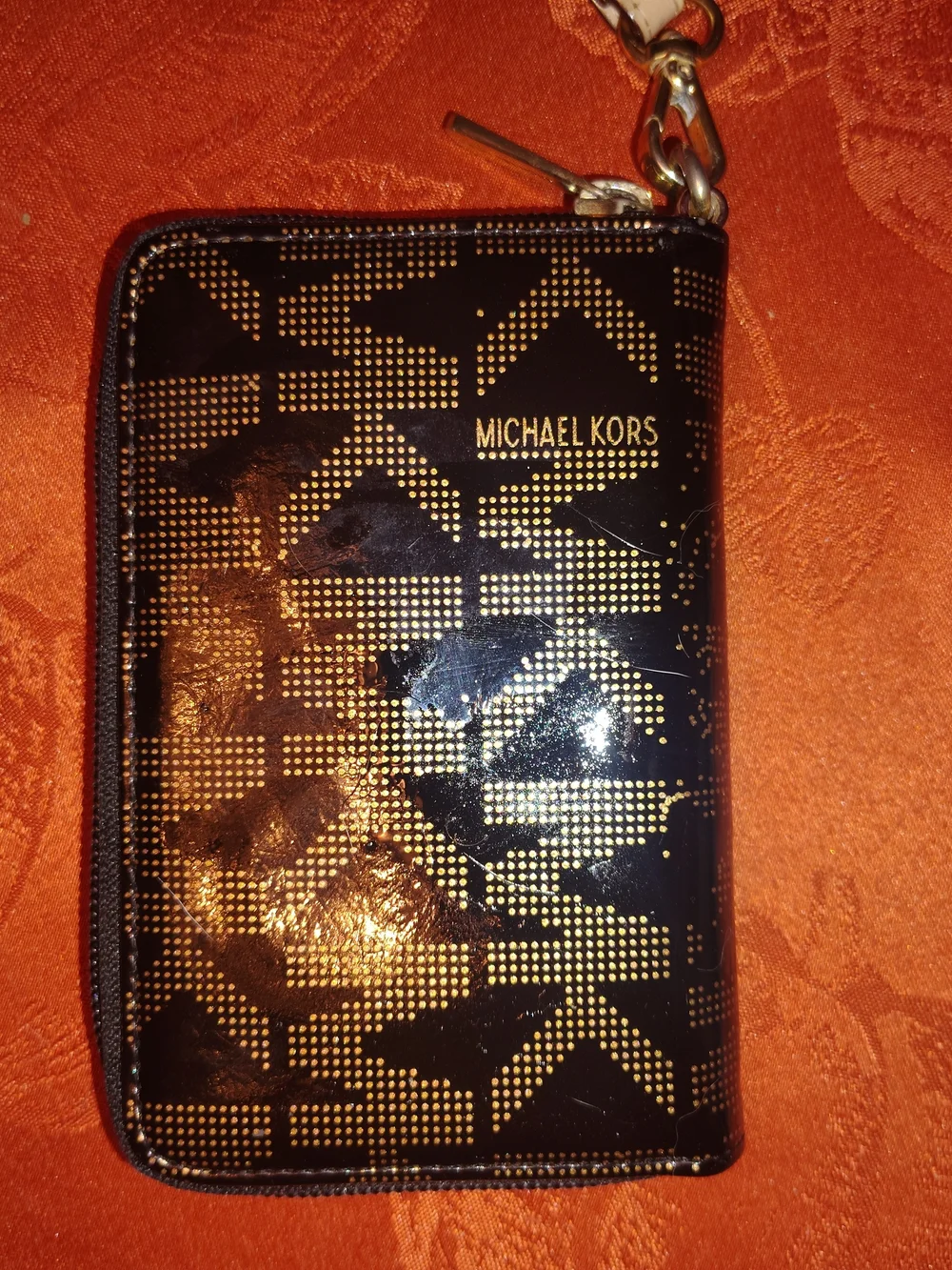 Michael Kors Black and Gold Monogram Patent Wristlet - Picture 2 of 4